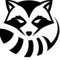 Stylized gray and white raccoon face logo with black facial markings and striped tail accents