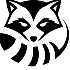 Stylized black-and-white raccoon logo with a centered face and curled tail shapes