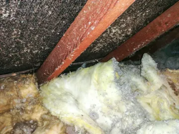 Worker installing pink insulation in a wall cavity with a drill.
