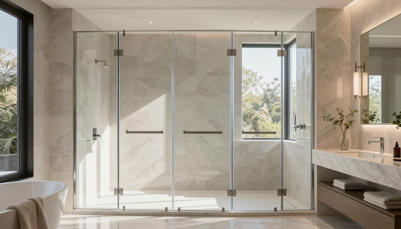 Modern luxury bathroom with glass shower enclosure, freestanding tub, marble walls, and vanity by a window.