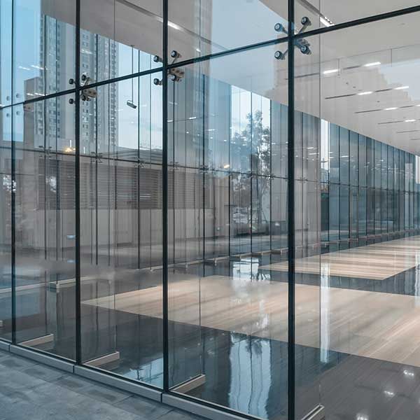 Modern building exterior with large glass panels, metal spider fittings, and a reflection of urban scenery on the facade.