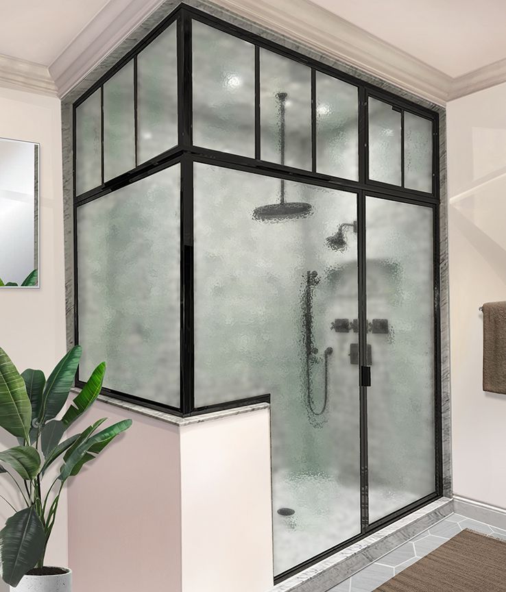 Black-framed walk-in shower with rain showerhead - Glass Daddy Redmond OR