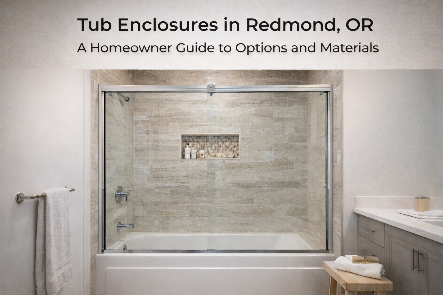 A modern bathroom tub with a sliding glass door enclosure and tiled walls, titled: Tub Enclosures in Redmond, OR.