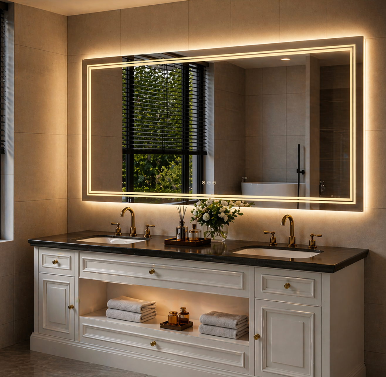 Elegant bathroom vanity with twin sinks, backlit mirror, and warm beige tones