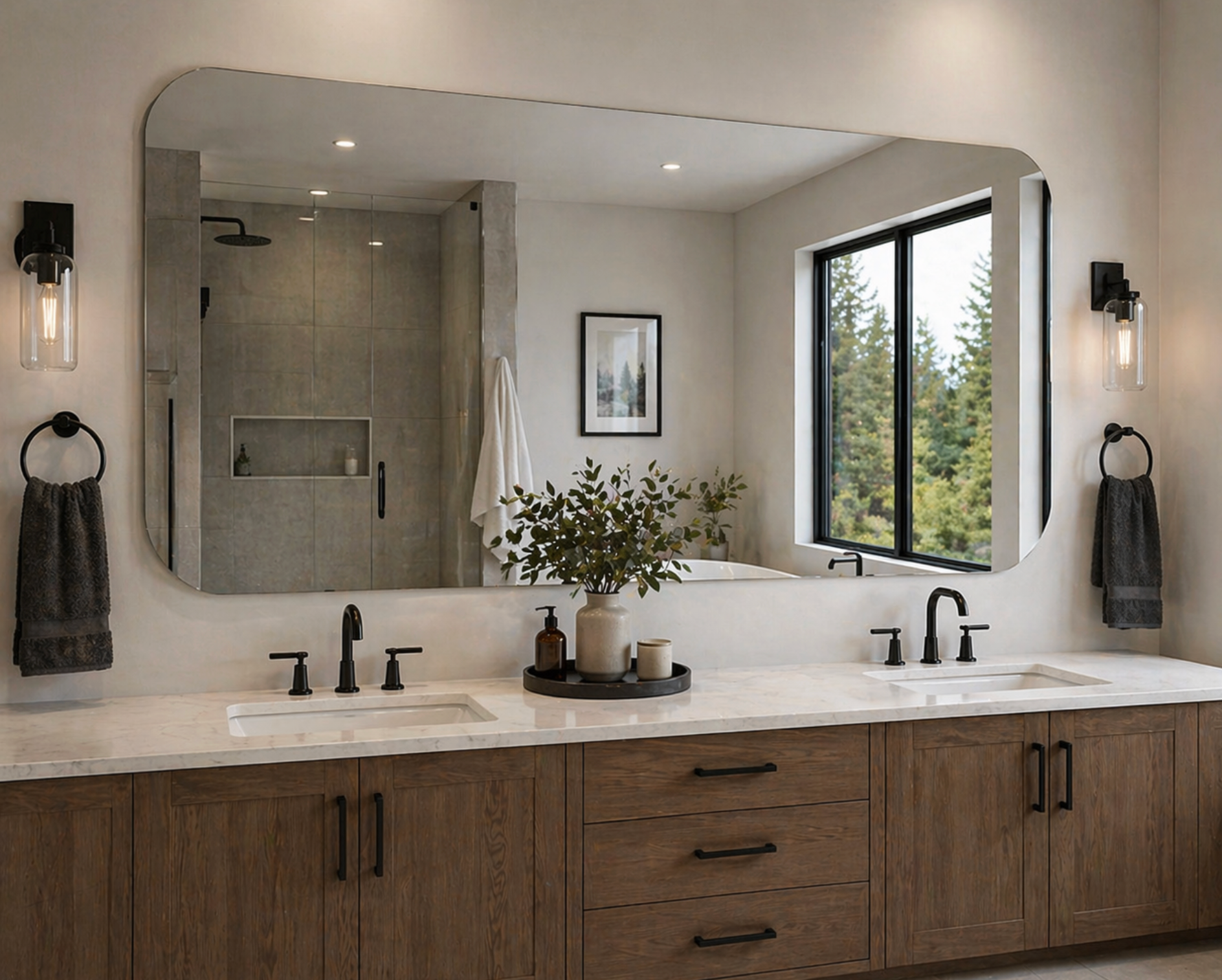 Modern bathroom vanity with double sinks, large mirror, wall sconces, and a window view of trees