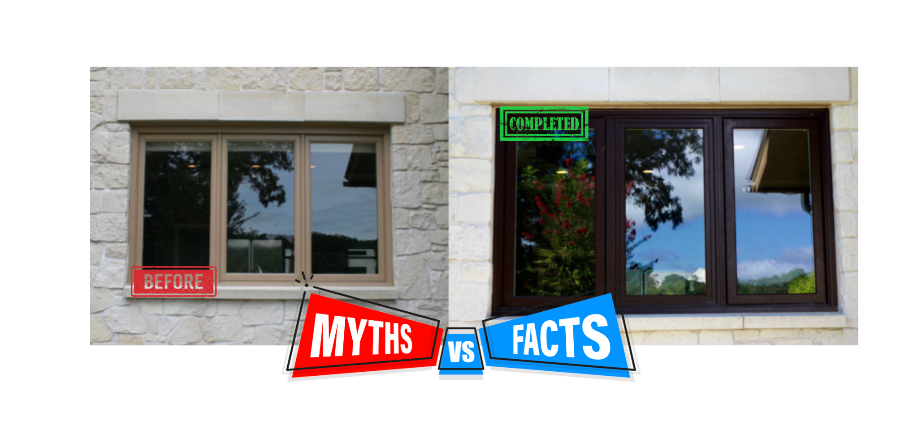 A before-and-after comparison of a house window, labeled