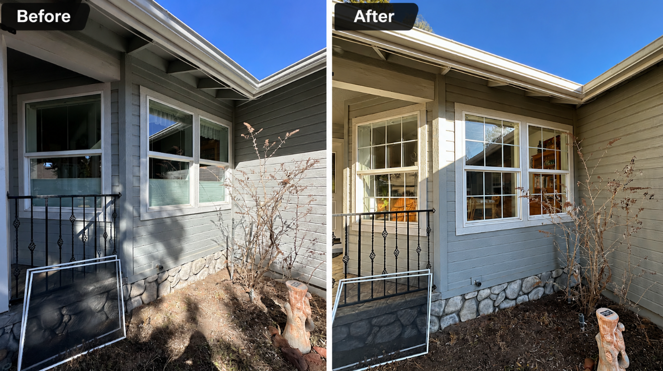 Before-and-after of a house entryway with updated siding, window trim, and front door area.