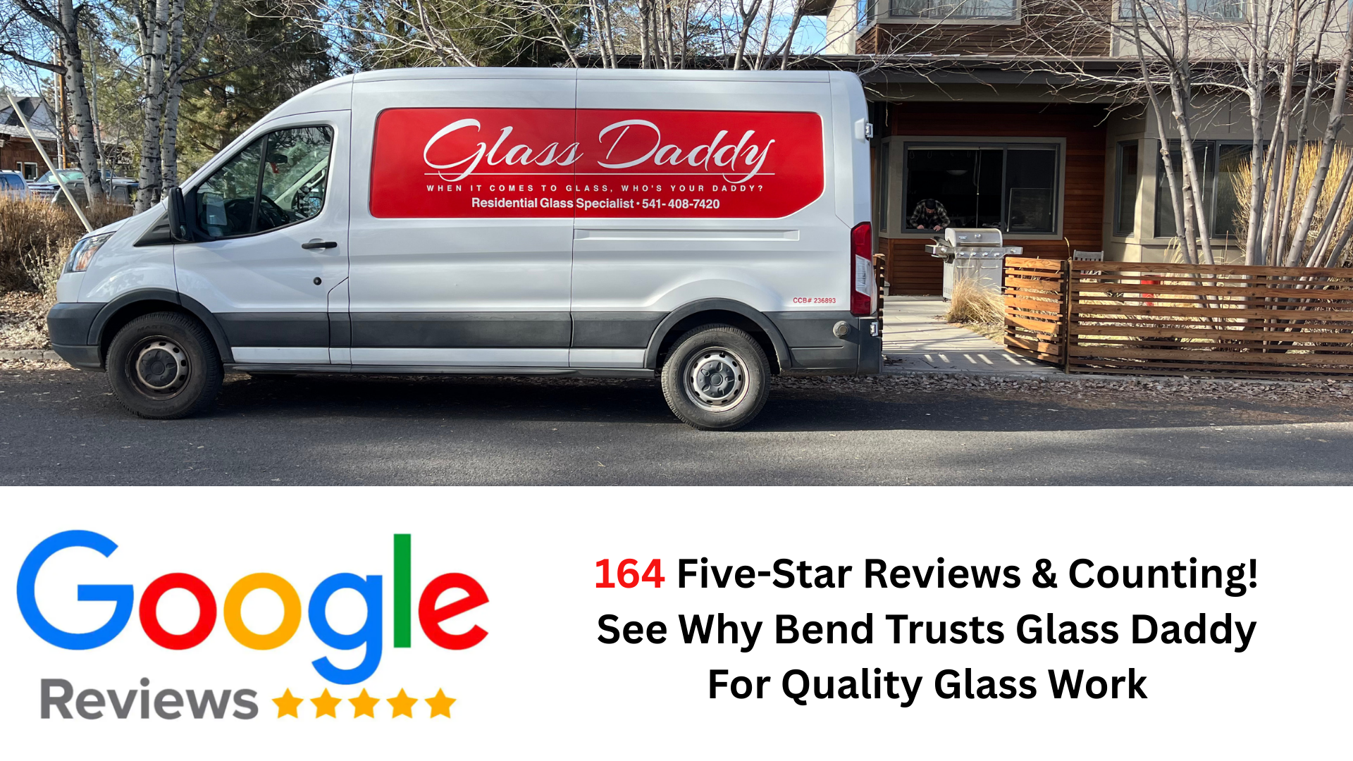 A white Glass Daddy company van parked near a house, with a Google Reviews graphic highlighting 164 five-star ratings.