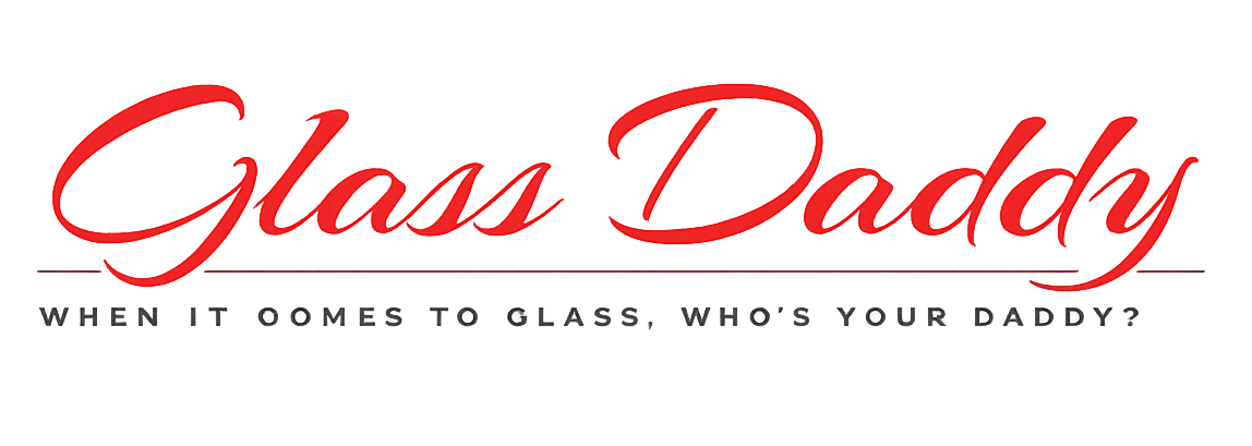 Glass Daddy logo in white script on black splatter background, with “Where it goes to glass, not you and I” and Redmond, OR