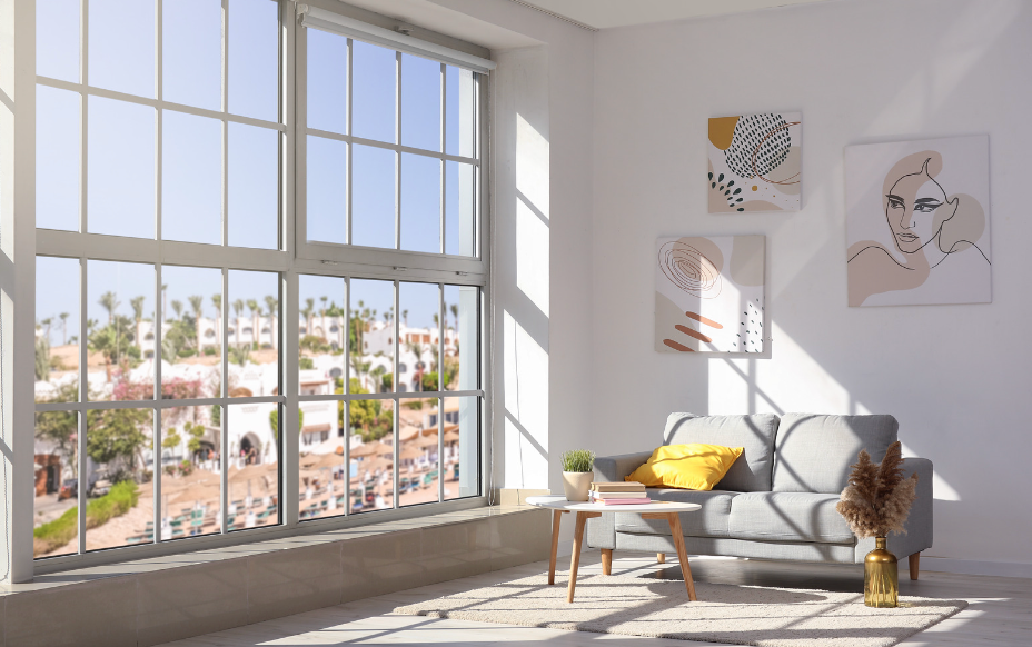 A sunlit room with a grey sofa, a small coffee table, and wall art, overlooking a coastal neighborhood through windows.