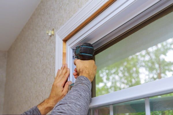 A person uses a power drill to install white molding around a window frame.