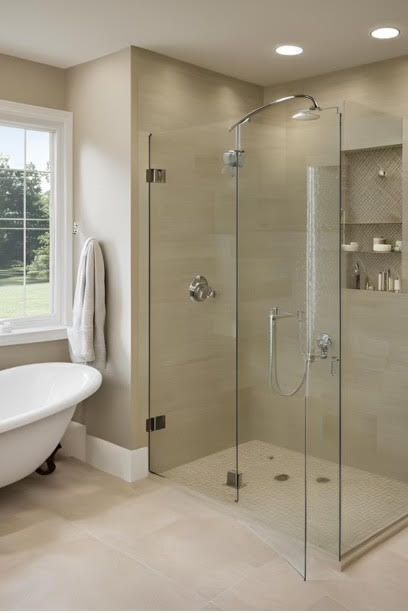 A modern bathroom featuring a white freestanding tub next to a glass-enclosed walk-in shower with built-in wall shelving.