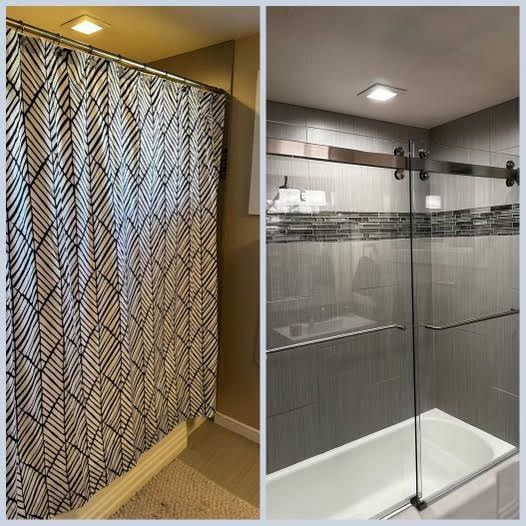 Before and after photo of a bathroom remodel showing a fabric shower curtain replaced by glass sliding shower doors.