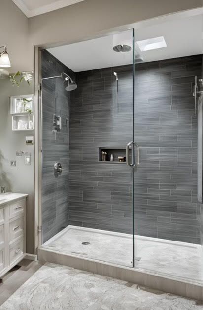 Frameless glass shower enclosure with dark tile - Glass Daddy Redmond OR