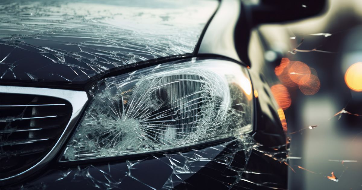 Cracked car headlight and windshield after an accident.