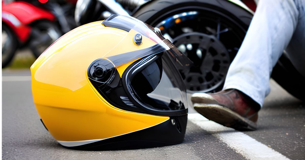 motorcycle helmet and person sitting on the ground