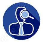 A white silhouette of a person wearing a tie, with a magnifying glass over the head, set inside a blue circle.