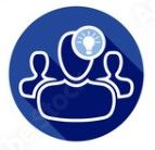 A blue circular icon featuring three stylized white figures, with a lightbulb symbol inside the head of the center figure.