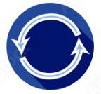 A dark blue circle containing two white arrows arranged in a circular, clockwise rotation.