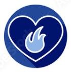 A light blue flame icon centered inside a dark blue heart shape on a circular background.