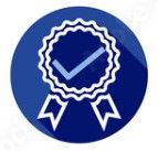 A blue circle icon featuring a white scalloped-edge badge with two ribbons and a central checkmark symbol.