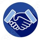 A blue circular icon featuring a stylized white handshake, representing business, cooperation, or a deal.