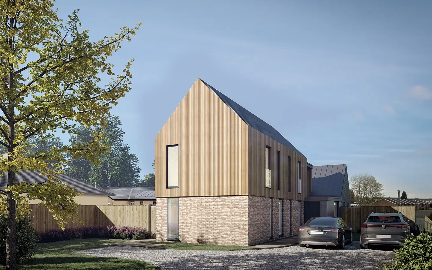 An artist 's impression of a house with a car parked in front of it.