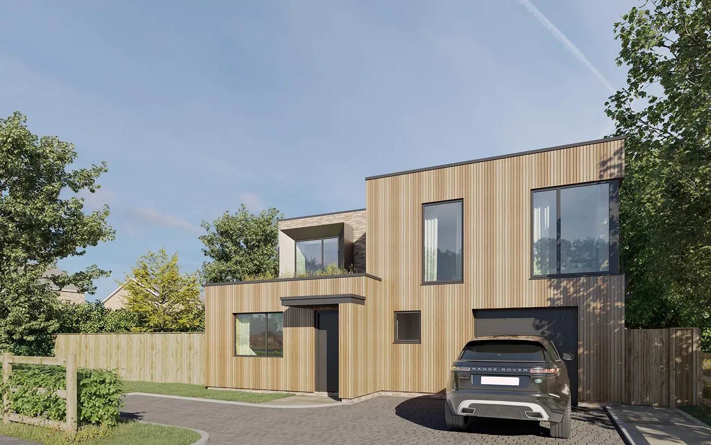 A car is parked in front of a wooden house.