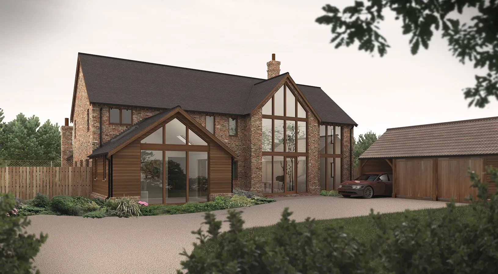 An artist 's impression of a house with a car parked in front of it.