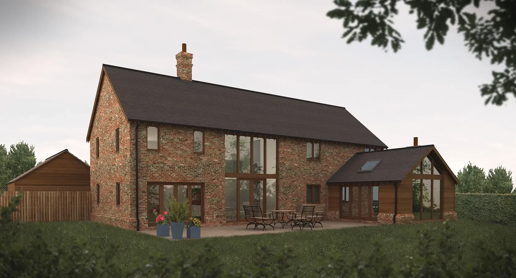 An artist 's impression of a brick house with a large patio