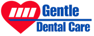 Logo of Gentle Dental Care; red heart with white rectangular shapes, blue horizontal line, blue text.