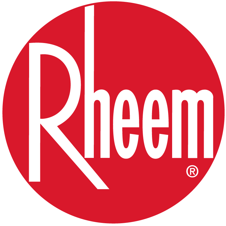 The Rheem company logo featuring white stylized lettering inside a solid red circle.