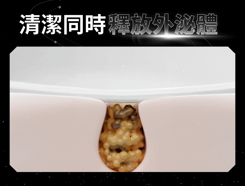 皮膚毛孔橫切面被碎屑堵塞；上面的文字寫著「清潔和分泌」。