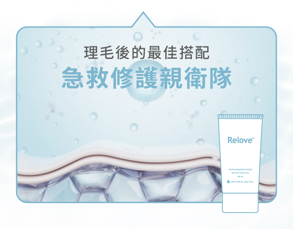 Relove 產品廣告，藍色背景，文字和產品圖片。