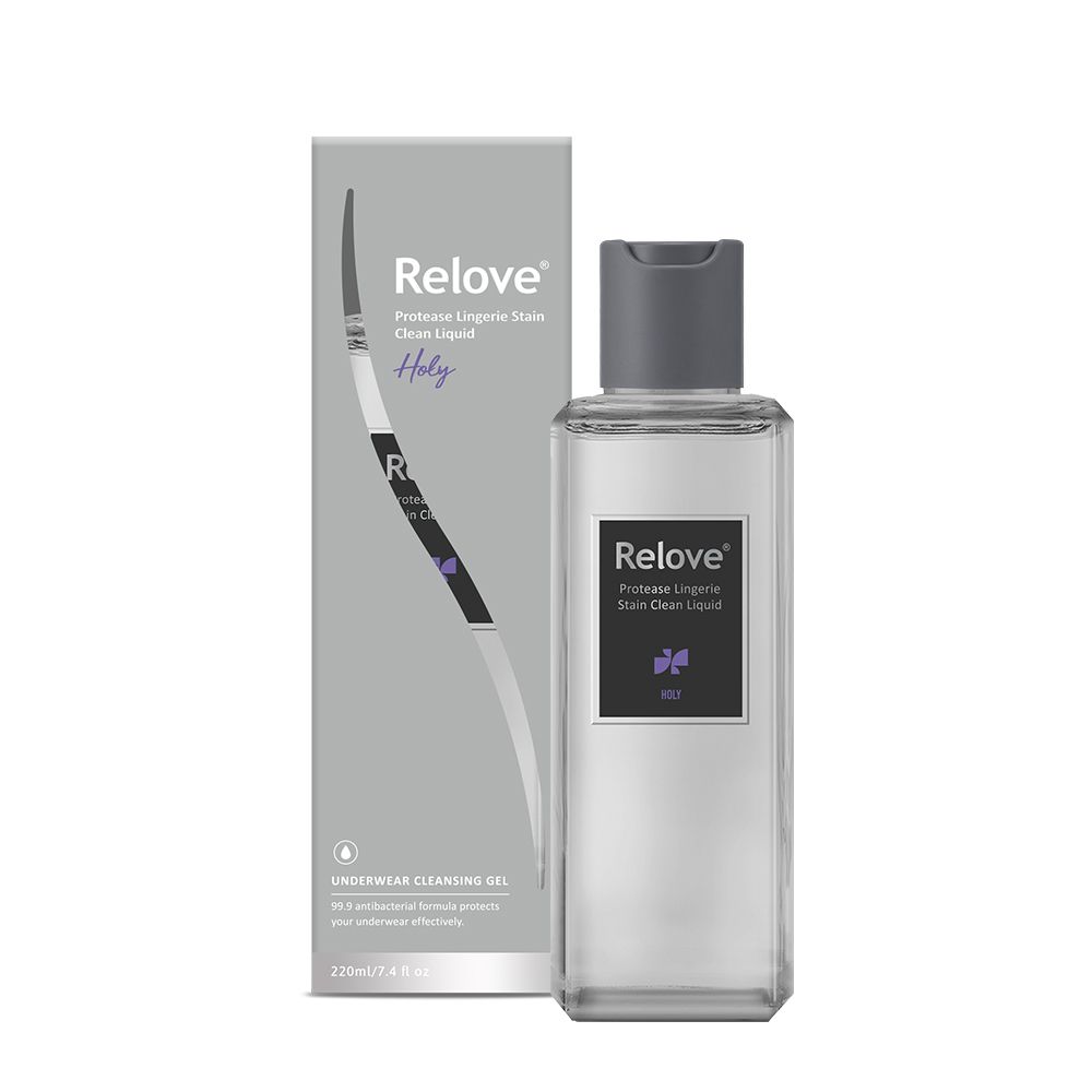 Relove香水瓶身和包裝盒採用灰色包裝,白色背景上正面展示。