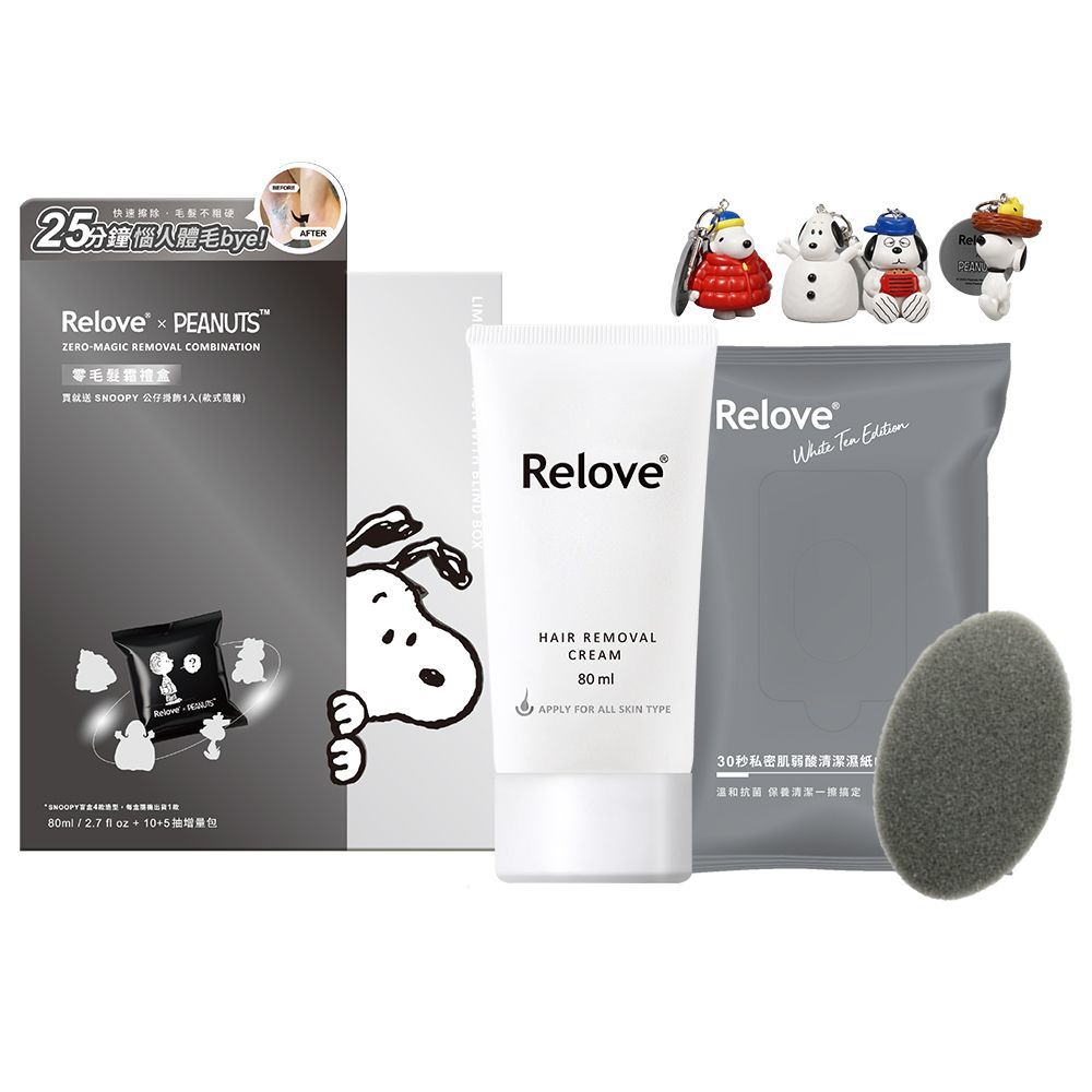 Relove護膚套裝,包含白色軟管、灰色小袋、黑色盒子、海綿和小卡通人偶