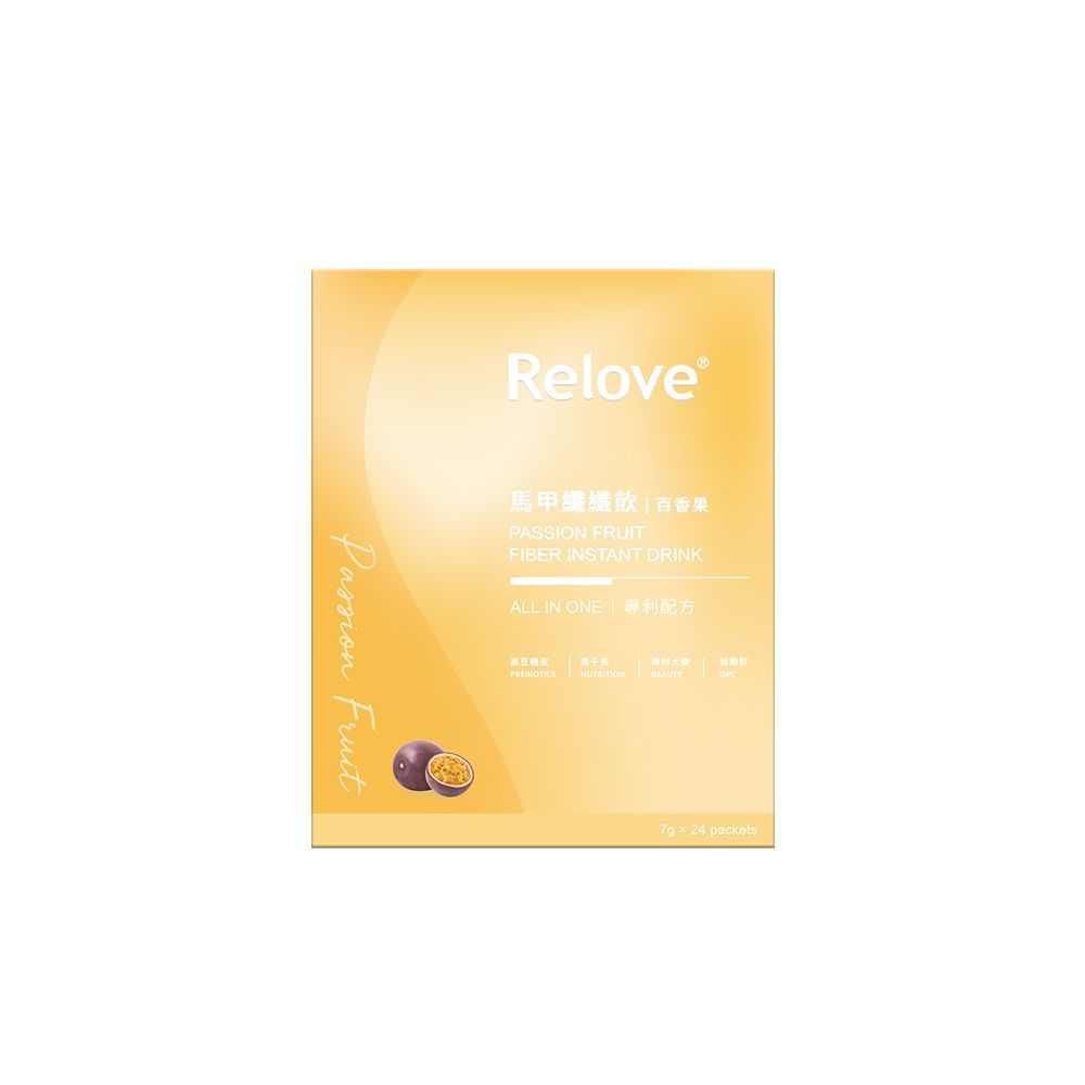 黃色Relove產品包裝盒，正面印有中文文字和小水果圖案。