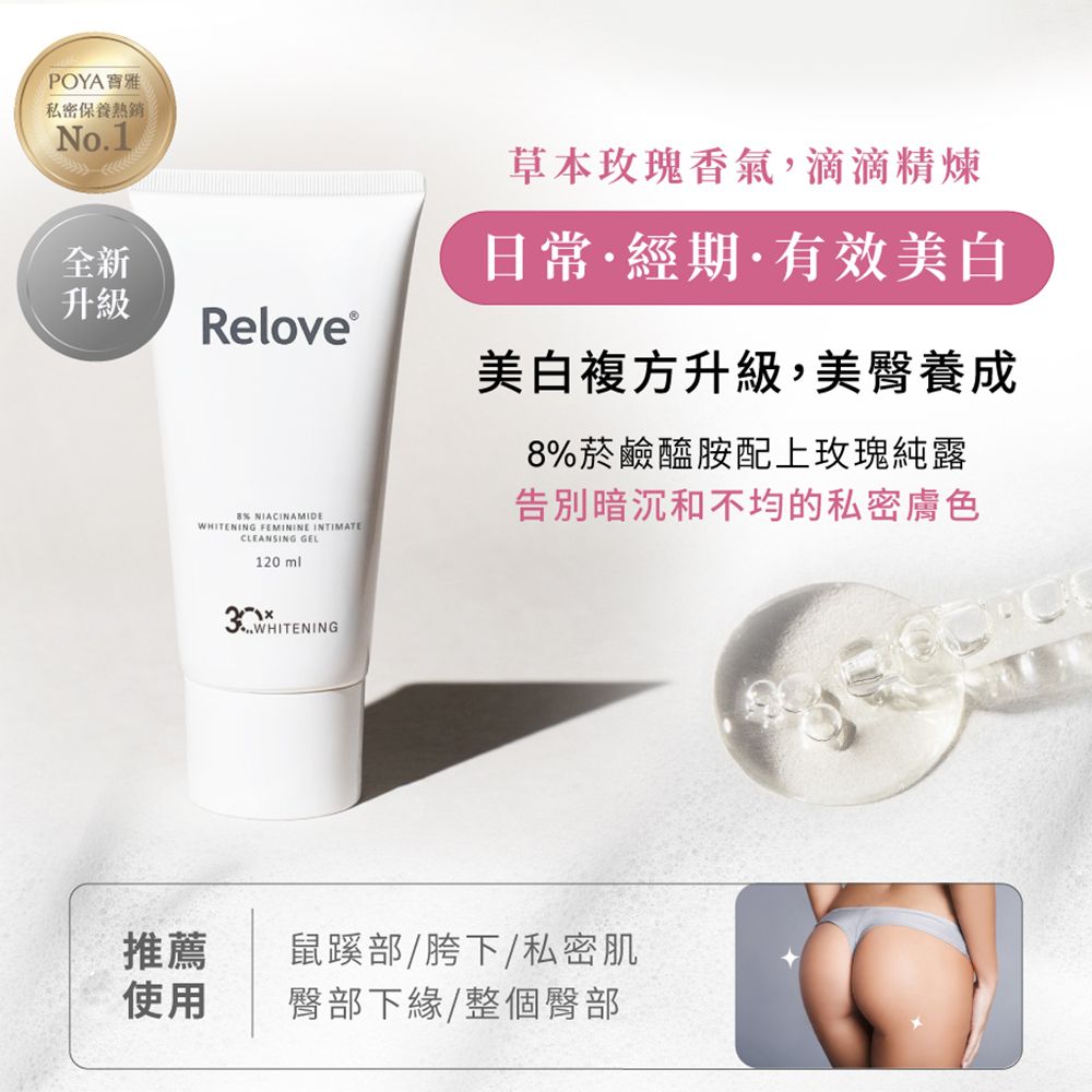 一支 Relove 私下清潔凝膠管及其配套的白色包裝盒,置於純白色背景上。