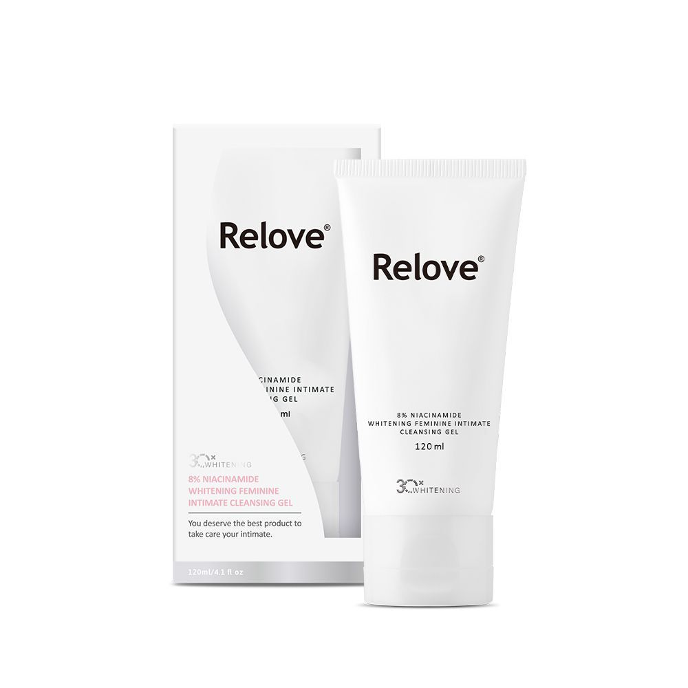 一支 Relove 私下清潔凝膠管及其配套的白色包裝盒,置於純白色背景上。