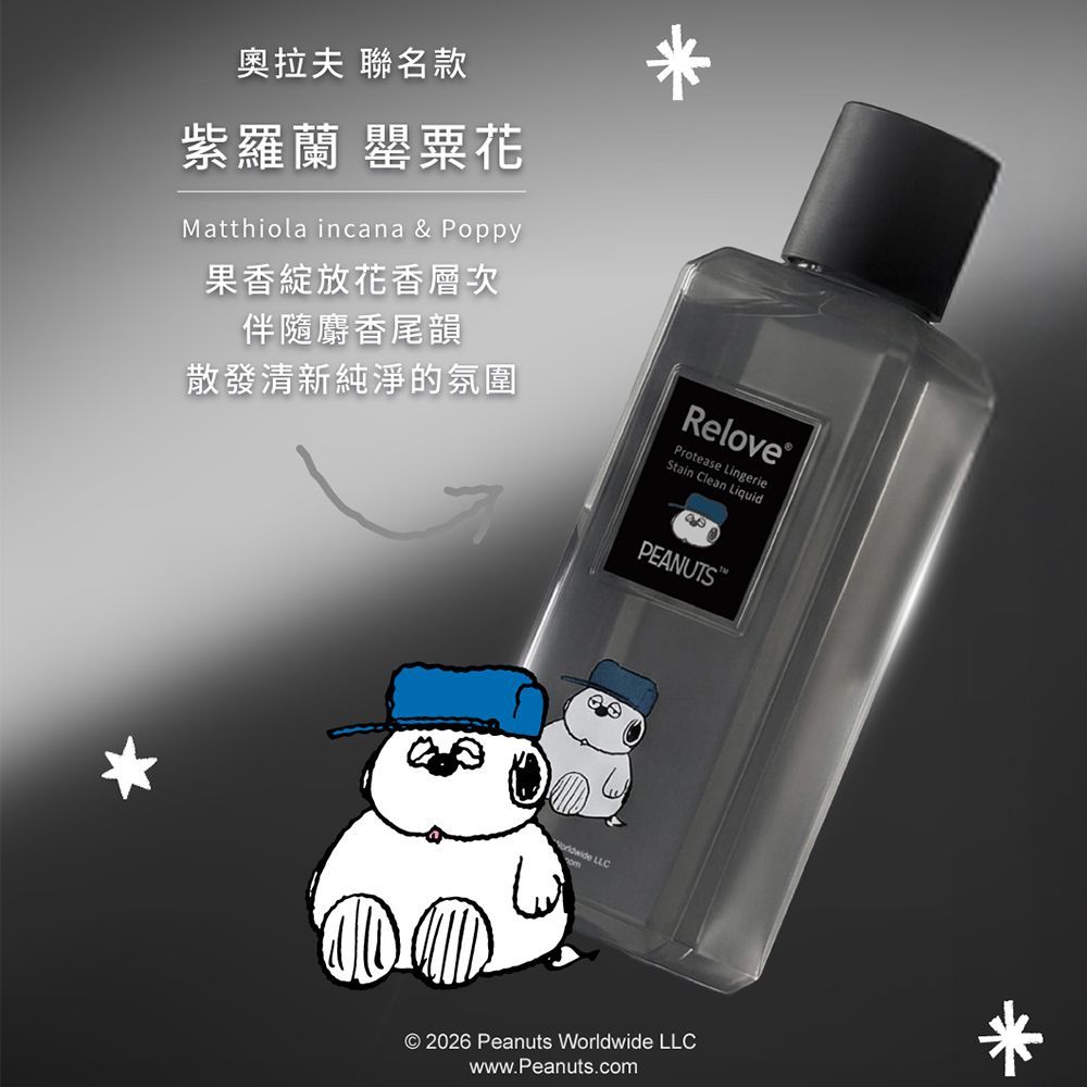 三個印有史努比圖案的 Relove 香水瓶、一個灰色主題的盥洗包和四個白色背景上的史努比人物鑰匙圈。