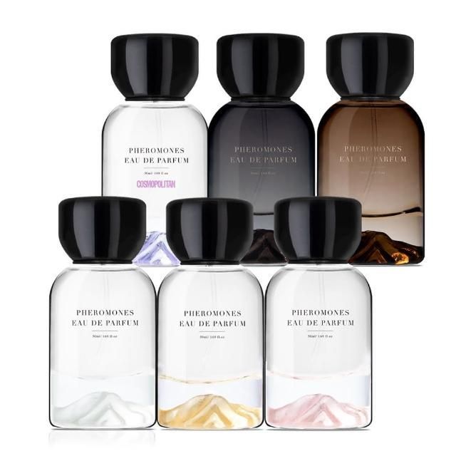 六瓶不同顏色的「Pherohones Eau de Parfum」香水,配有黑色瓶蓋;香水瓶。