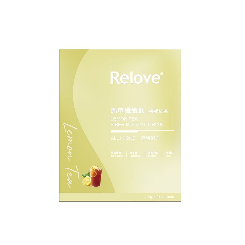 Relove百香果飲料的包裝，以百香果圖案、黃色背景和白色文字為特色。