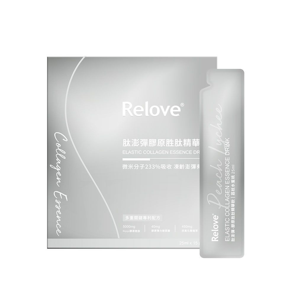「Relove」膠原蛋白精華液的盒子和單份包裝,銀色,白色文字。