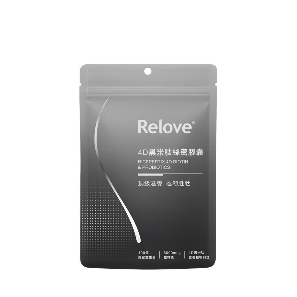 Relove膳食補充劑包裝在一個灰色小袋中,袋子上有文字和白色曲線。