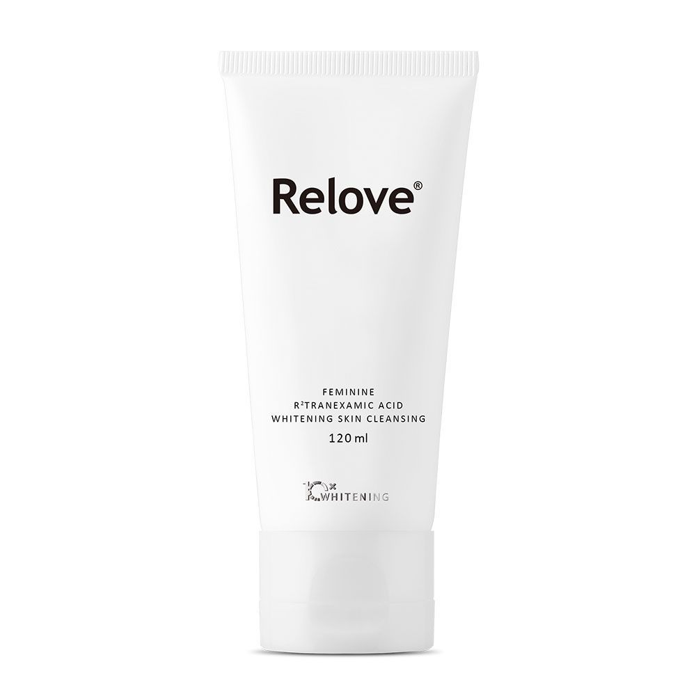 一支白色的 Relove 女性美白凝膠擠壓管，白色背景上印有黑色文字。