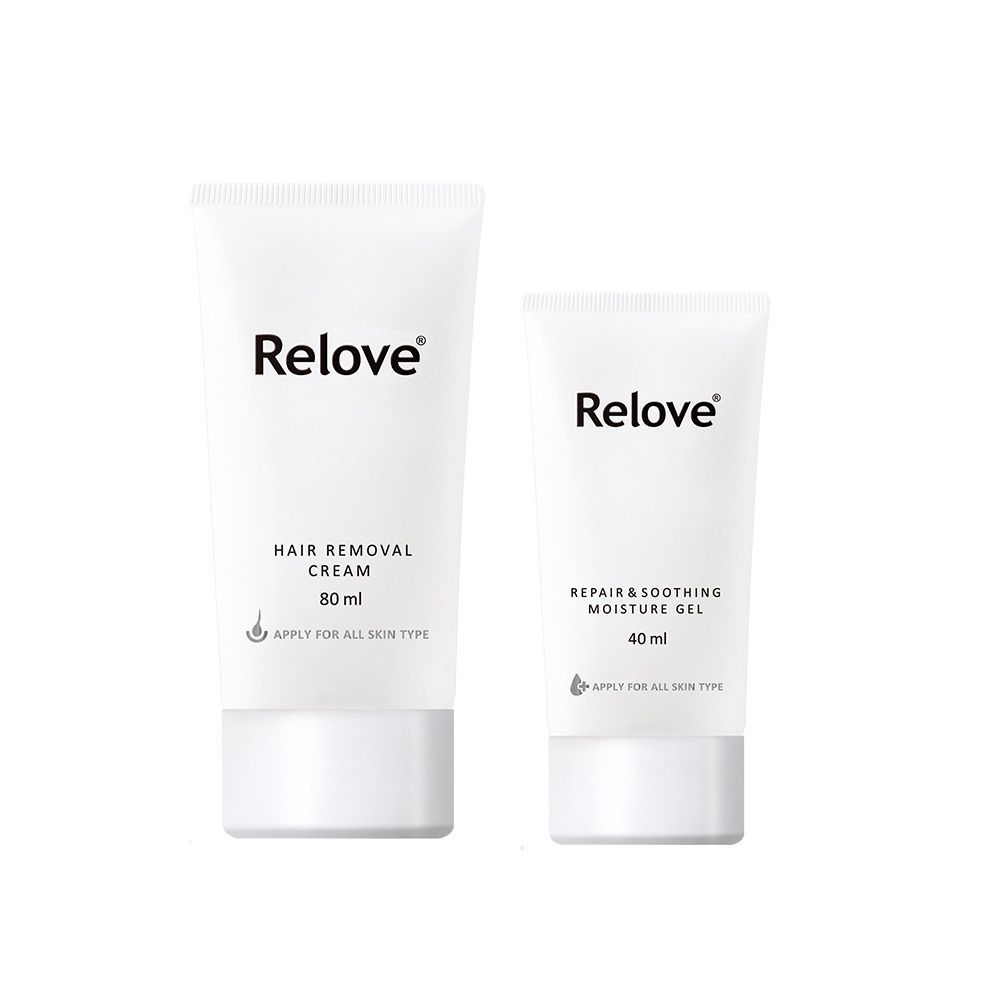 兩支白色 Relove 品牌保養品:除毛膏(80ml)和修復舒緩保濕凝膠(40ml)。