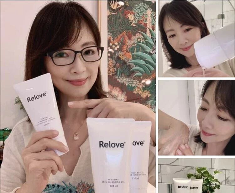 圖中四張照片拼貼顯示,一個人正在使用 Relove 護膚產品。