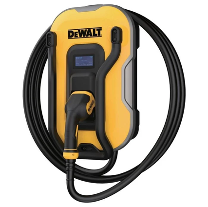 Photograph of a DeWalt electric vehicle charging station with a yellow and black casing, featuring a coiled charging cable and a connected charging handle. Photograph of a DeWalt electric vehicle charging station with a yellow and black casing, featuring a coiled charging cable and a connected charging handle.