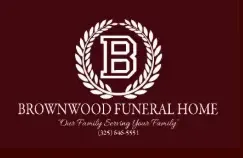 Brownwood Funeral Home logo on maroon background with laurel wreath and phone number