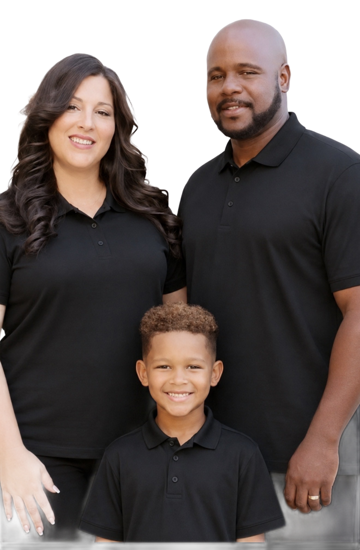 Three people in black shirts posing against a white background